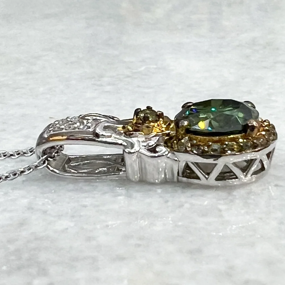 Green and White Moissanite Green Sapphire Sterling Silver Pendant 20” Necklace - Picture 3 of 11